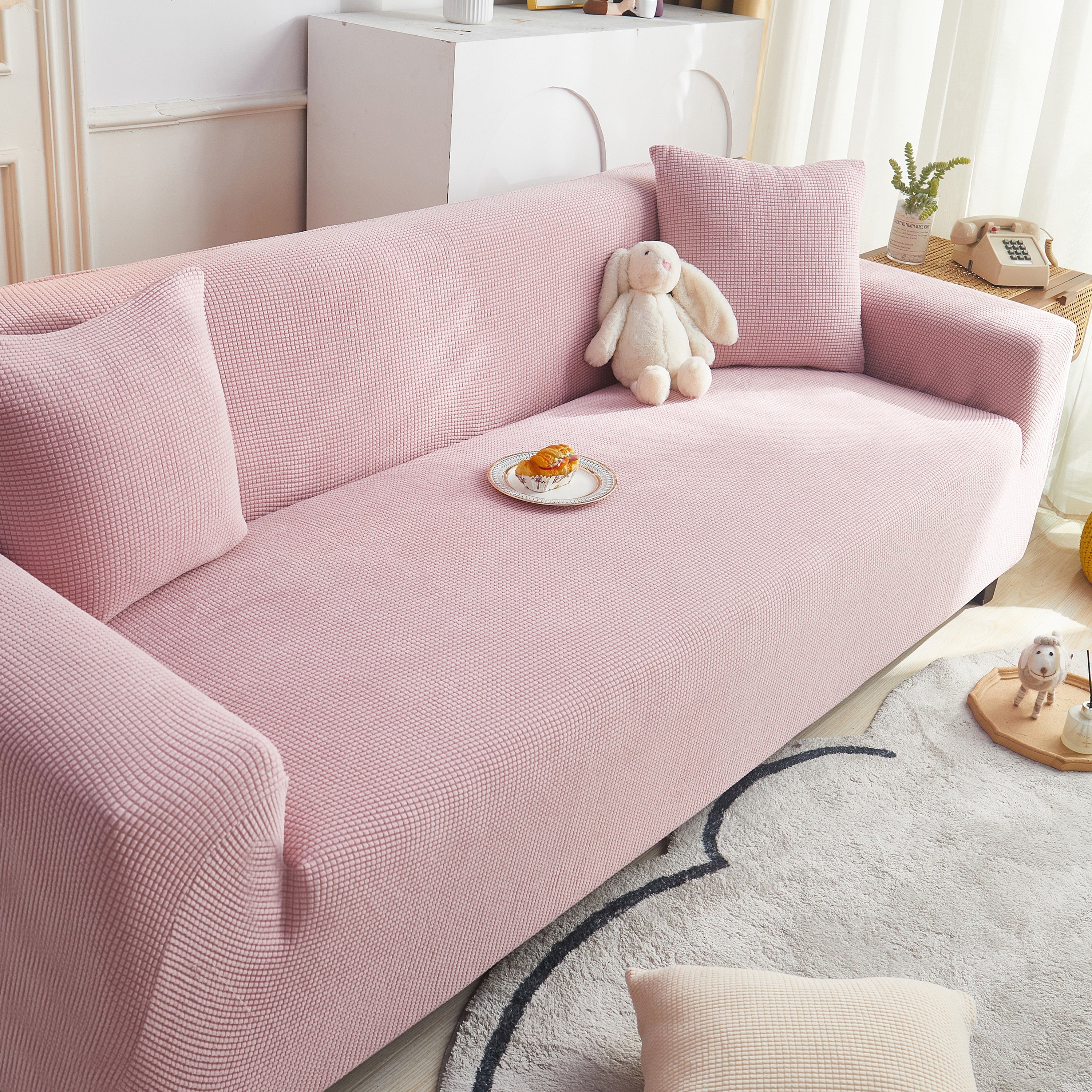 Grid Textured Stretch Sofa Cover, Soft Elastic Slipcover for Couch Protection