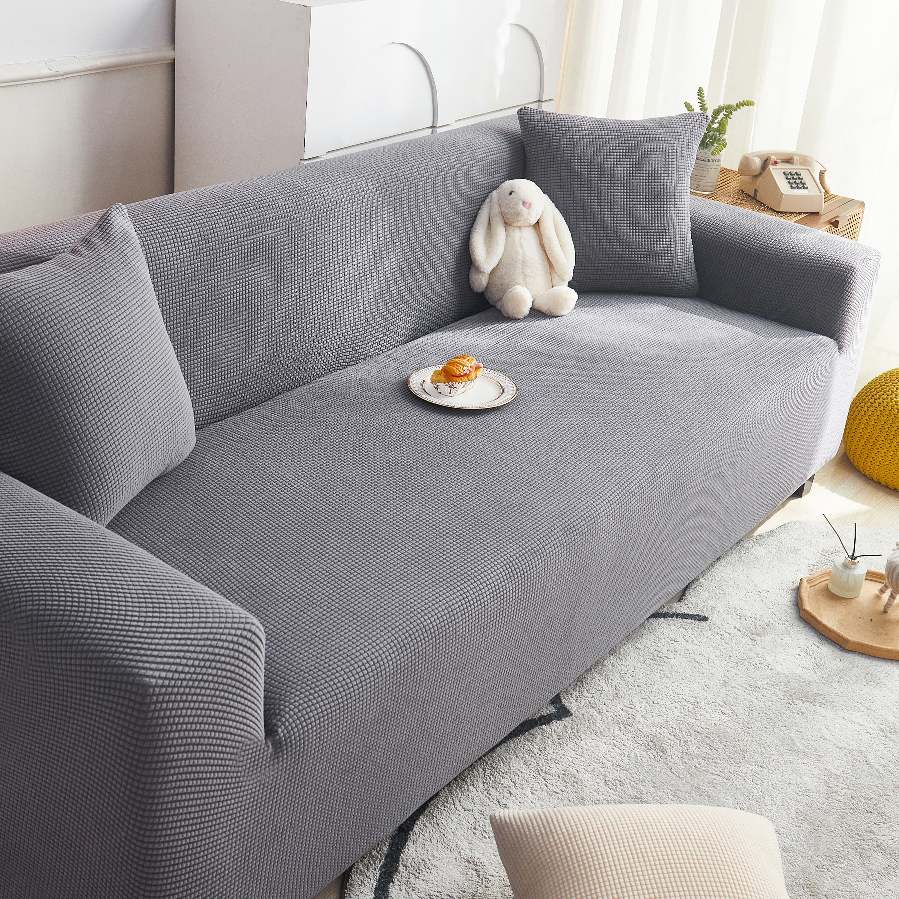 Grid Textured Stretch Sofa Cover, Soft Elastic Slipcover for Couch Protection