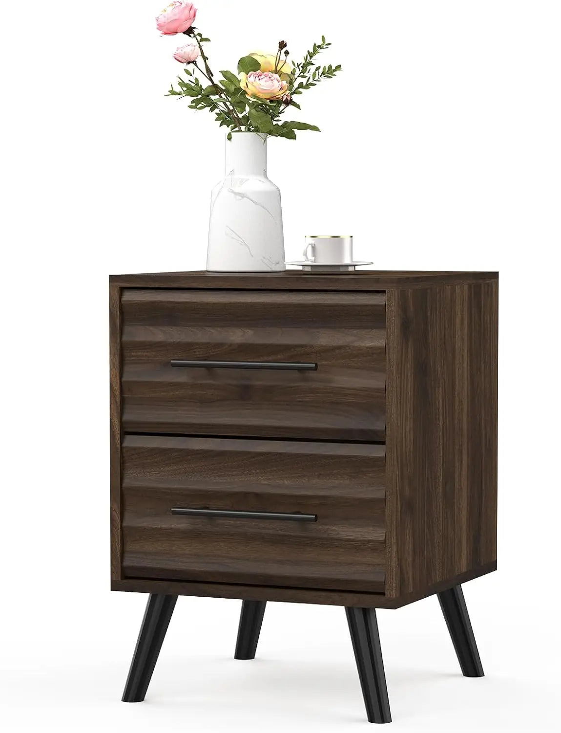 Night Stands, Fluted Nightstands with 2 Drawer Storage, Mid Century Bed Stands End Table, Large Bedside Table for Bedroom