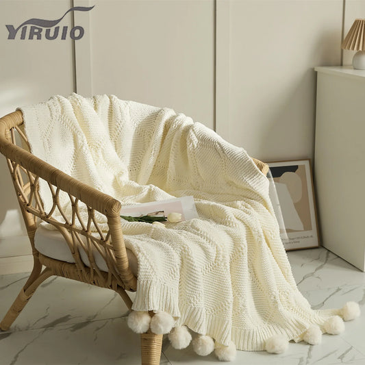 YIRUIO Kawaii Pompon Cable Knit Plaid Blanket Cute White Pink Gray Decorative Sofa Couch Throw Blanket Soft Chenille Bed Blanket