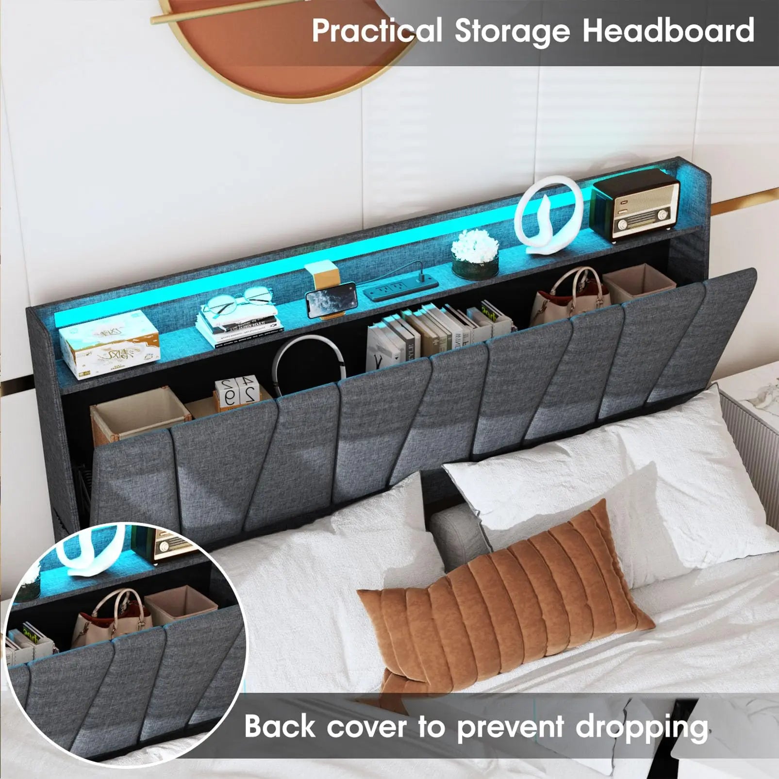 Vabches Queen Bed Frame with Storage Headboard&LED Lights Upholstered Platform Bed Frame with 3 Drawers&Power Outlet for Bedroom