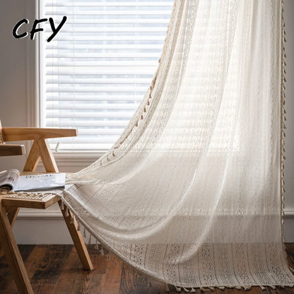 American Solid Rose Crochet Knit Hollowing Curtains with Tassel for Bedroom Drape Semi-shading Curtains In The Living Room