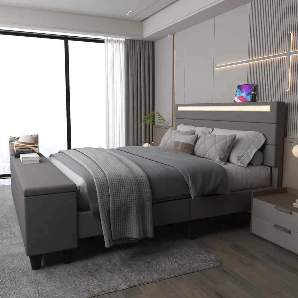 King Size Bed Frame with Ottoman Storage and LED Lights