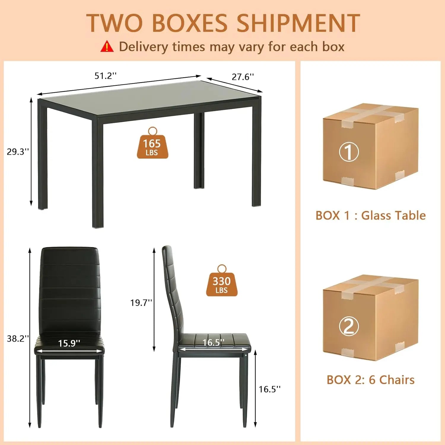 NEW 7 Piece Kitchen 6 Person, Tempered Glass Table and PU Leather Chairs Modern Dining Room Sets for Small Space, Black