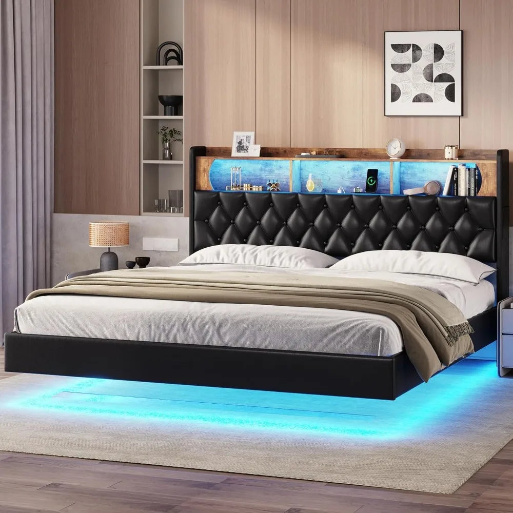 Bed Frame with Storage Headboard & LED Lights &Upholstered Headboard LED Floating Bed with USB-C/A Charging Station