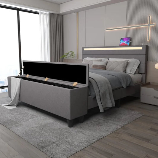 King Size Bed Frame with Ottoman Storage and LED Lights, Upholstered Platform Bed Frame with USB Ports Linen Fabric Headboard