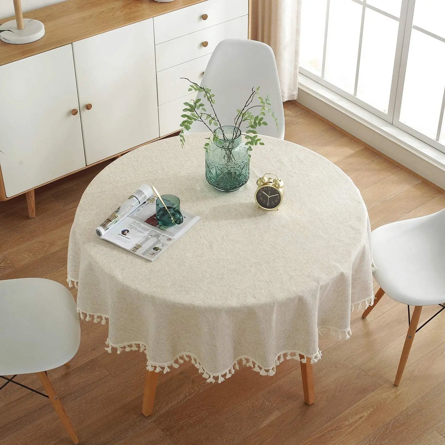 Round Tablecloth Solid Color Tassel Cotton Linen Table Cover for Kitchen Dining Party Farmhouse Tabletop Decoration Accessories