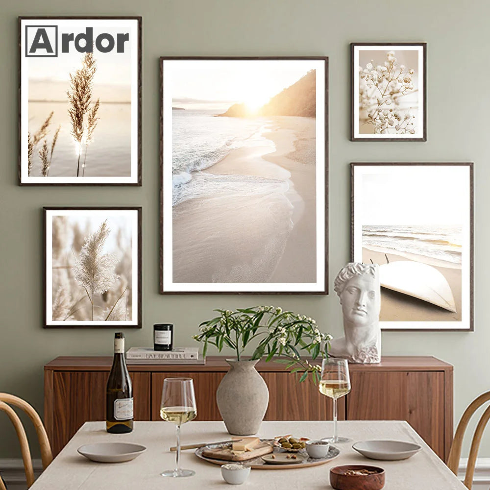 Modern Scenery Landscape Poster Coconut Reed Shell Beach Art Canvas Painting Palm Leaves Print Nordic Wall Pictures Home Decor