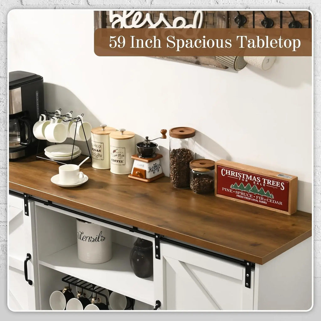 Farmhouse Coffee Bar Cabinet with Storage, 58'' Buffet Cabinet with Sliding Barn Door, White Coffee Bar Table with Woo