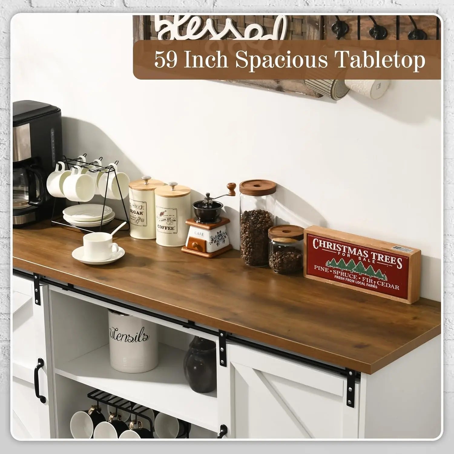 Farmhouse Coffee Bar Cabinet with Storage, 58'' Buffet Cabinet with Sliding Barn Door, White Coffee Bar Table with Woo