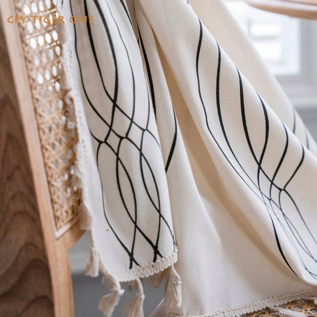 Cotton Linen Black Curve Print with Tassel Window Curtain Semi-shading Drapes for Living Room Bedroom Kitchen Door Drapes