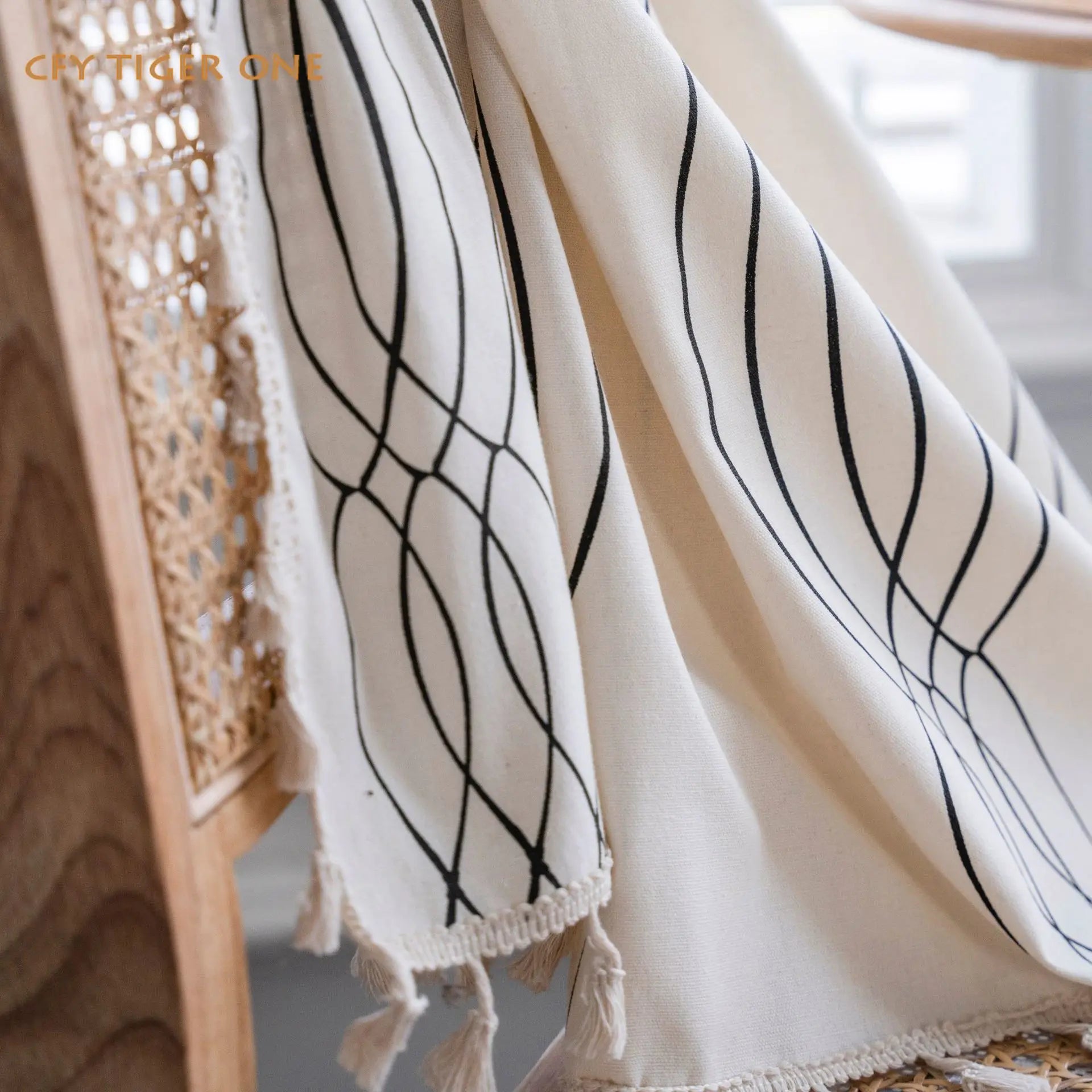 Cotton Linen Black Curve Print with Tassel Window Curtain Semi-shading Drapes for Living Room Bedroom Kitchen Door Drapes