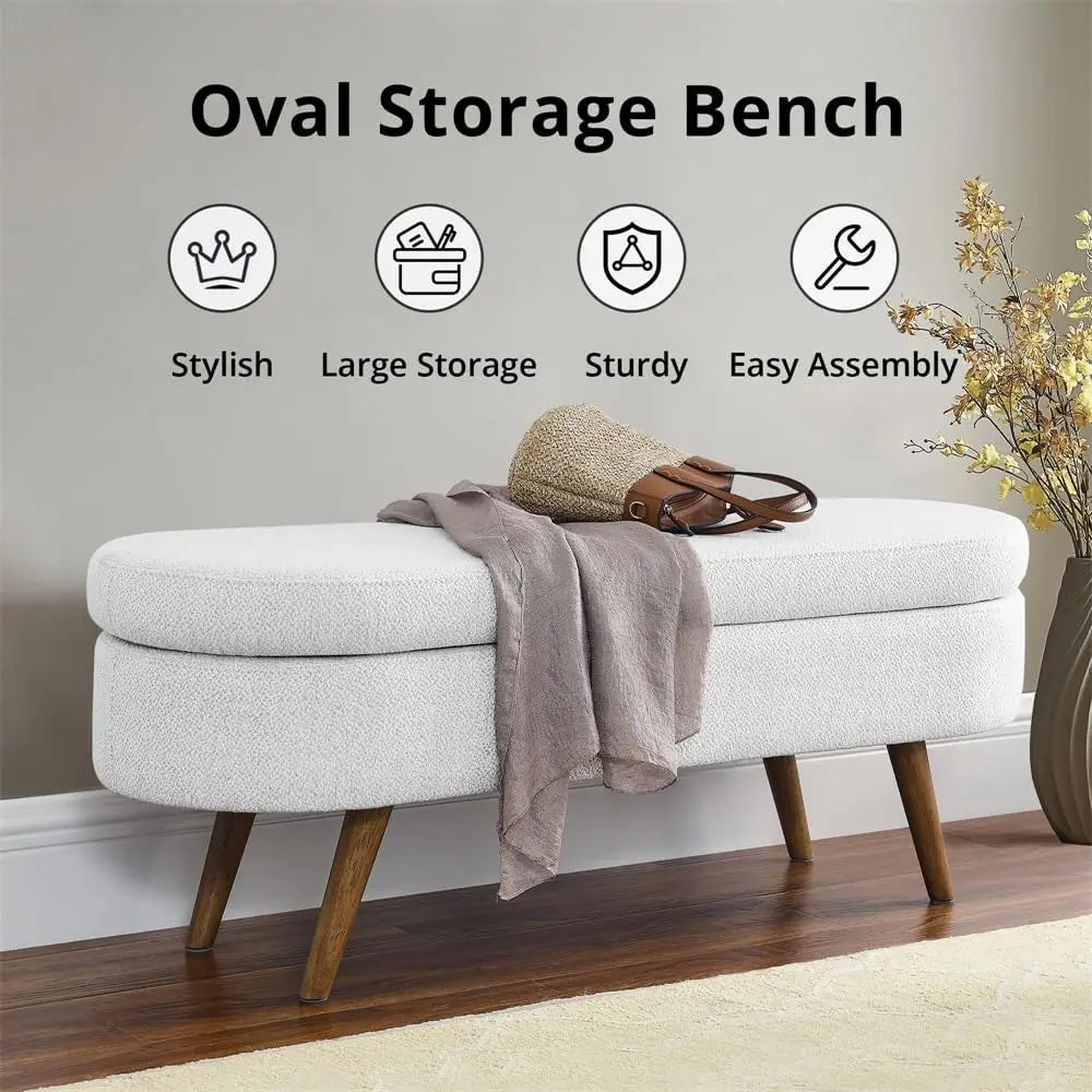 43.5" Storage Ottoman Bench with 250lb Seating, Linen Upholstered Wood Legs Safety Hinge Flip Top Oval