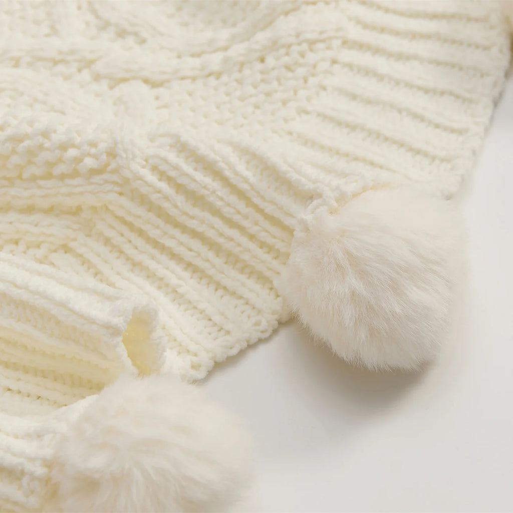 Soft Chenille Pompom Cable Knit Blanket