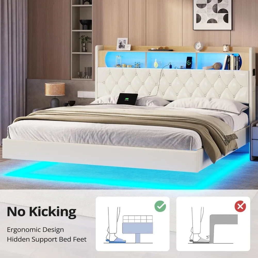 Bed Frame with Storage Headboard & LED Lights &Upholstered Headboard LED Floating Bed with USB-C/A Charging Station