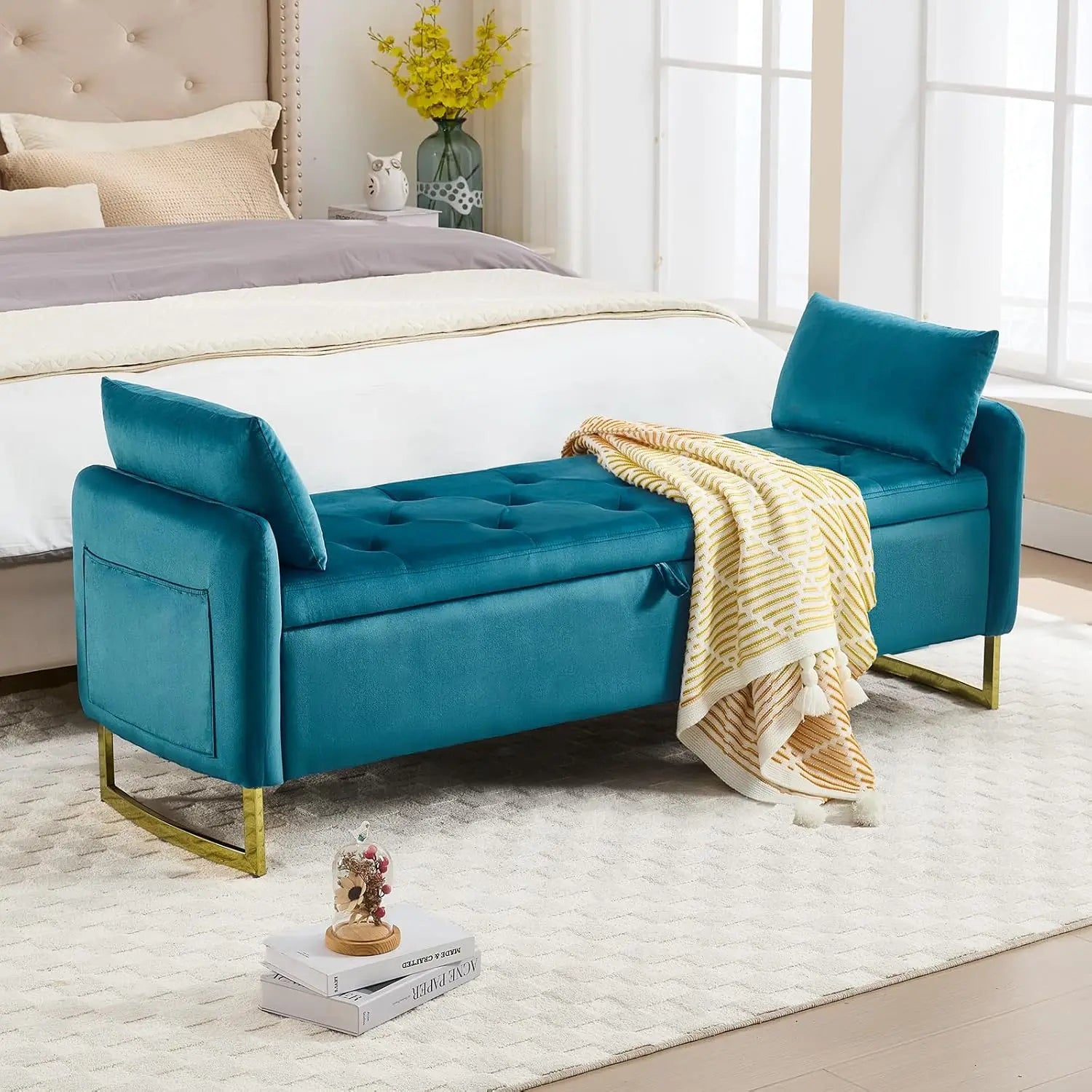 67" Storage Ottoman Bench, End of Bed King Size Bench | Tufted Button Upholstery with Gold Legs for Bedroom, Living Room