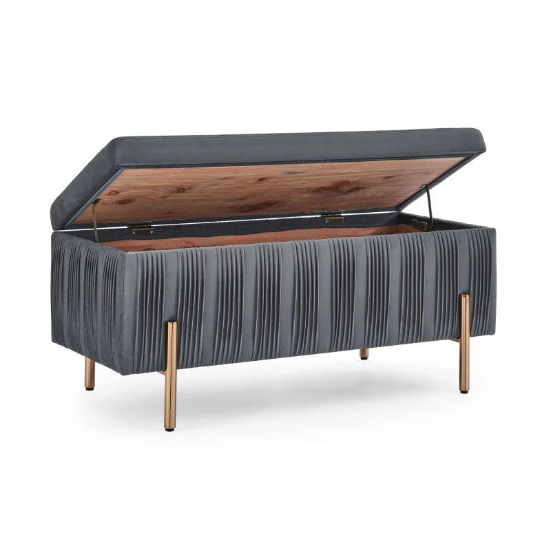 Upholstered Velvet Storage Bench with Cedar Wood Veneer, Large Storage,with Electroplate,for Hallway Living Room Bedroom,Grey.