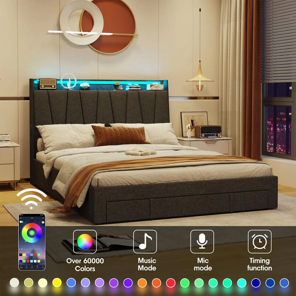 Vabches Queen Bed Frame with Storage Headboard&LED Lights Upholstered Platform Bed Frame with 3 Drawers&Power Outlet for Bedroom