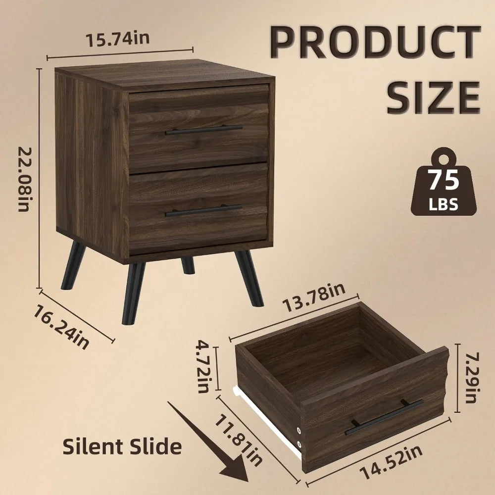 Night Stands, Fluted Nightstands with 2 Drawer Storage, Mid Century Bed Stands End Table, Large Bedside Table for Bedroom