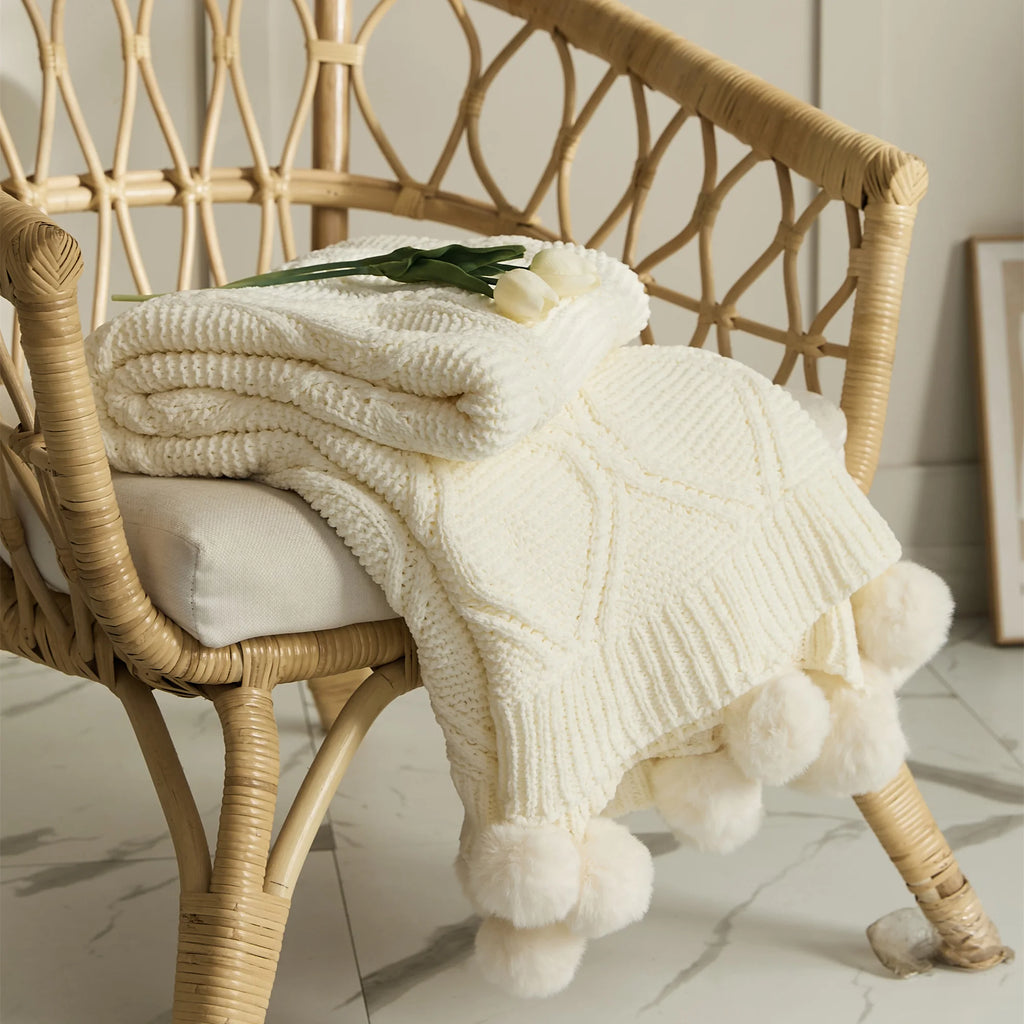 Soft Chenille Pompom Cable Knit Blanket