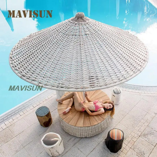 Sun Umbrella To Cover The Outdoor Courtyard Bali Open-Air Rattan Hotel Beach Villa Sun Umbrella Stable Marble Cylindrical Base