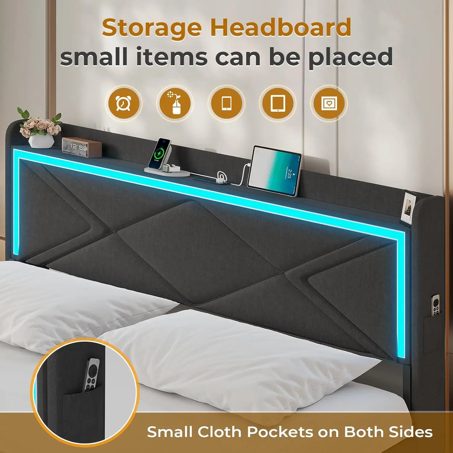 King Size LED Bed Frame with Storage Headboard and Charging Station, Upholstered King Platform Bed Frame Dark Grey