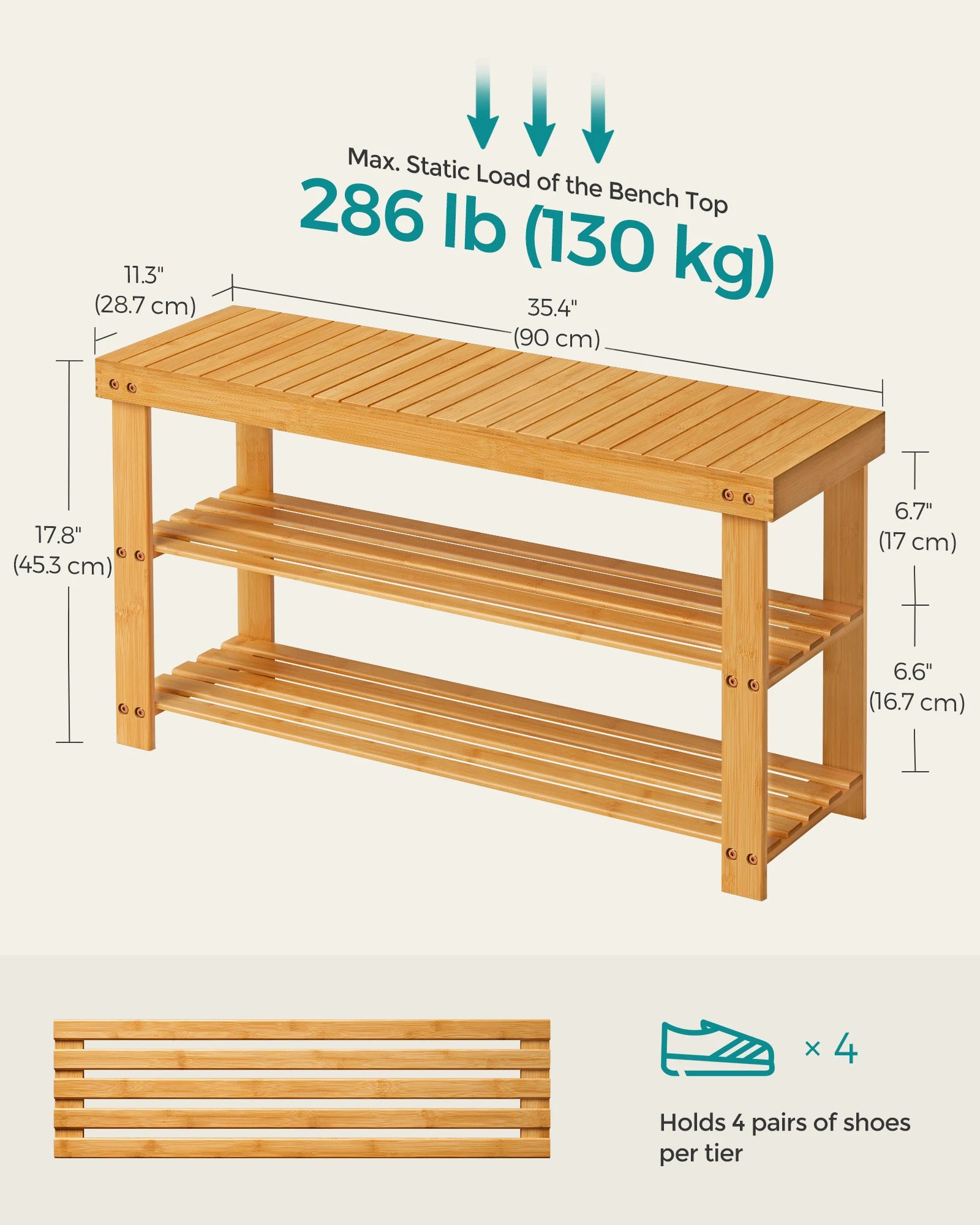 SONGMICS Shoe Rack Bench, 3-Tier Bamboo Shoe Storage Organizer, Entryway Bench, Holds Up to 286 lb, 11.3 x 35.4 x 17.8 Inches