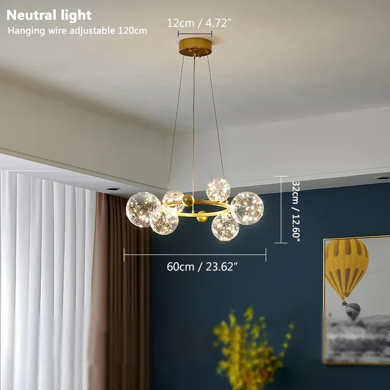 Nordic Ring Led Pendant Lamp Romantic Star Chandelier Round Long Glass Ball Hanging Light Dining Table Above Starry Sky Lights