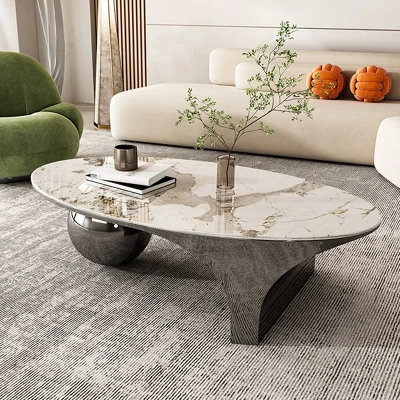 Nordic Oval Coffee Table Marble Top Luxury Design Metal Frame Legs Coffee Cabinet Living Room Floor Mueble Salon Room Furniture