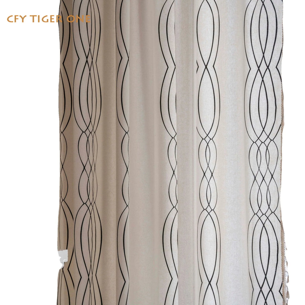Cotton Linen Black Curve Print with Tassel Window Curtain Semi-shading Drapes for Living Room Bedroom Kitchen Door Drapes