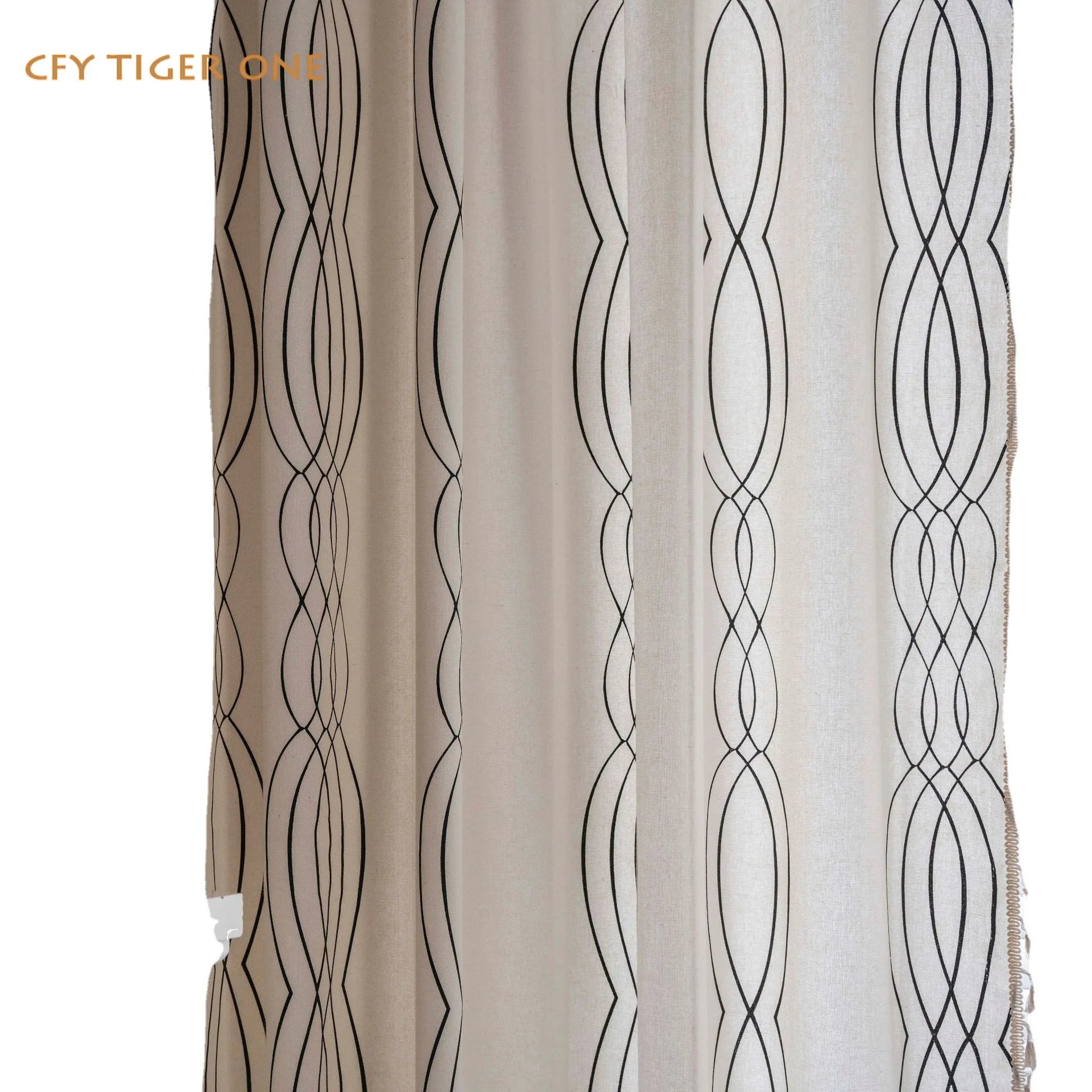 Cotton Linen Black Curve Print with Tassel Window Curtain Semi-shading Drapes for Living Room Bedroom Kitchen Door Drapes