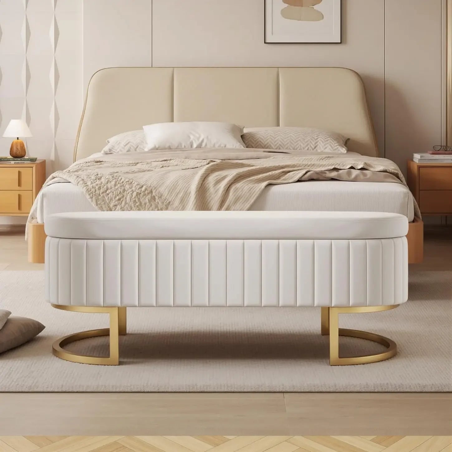 50" Velvet Storage Bench,Ottoman Bench with 300lb Seating,Upholstered Fabric  with Gold Legs,Flipping Lid Entryway Footrest