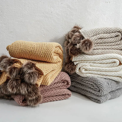 Inyahome Fur Pom Pom Knitted Throw Blanket Super Soft Warm Cozy Cable Knitted Nordic Blanket for Sofa and Couch 51 x 63 Inch