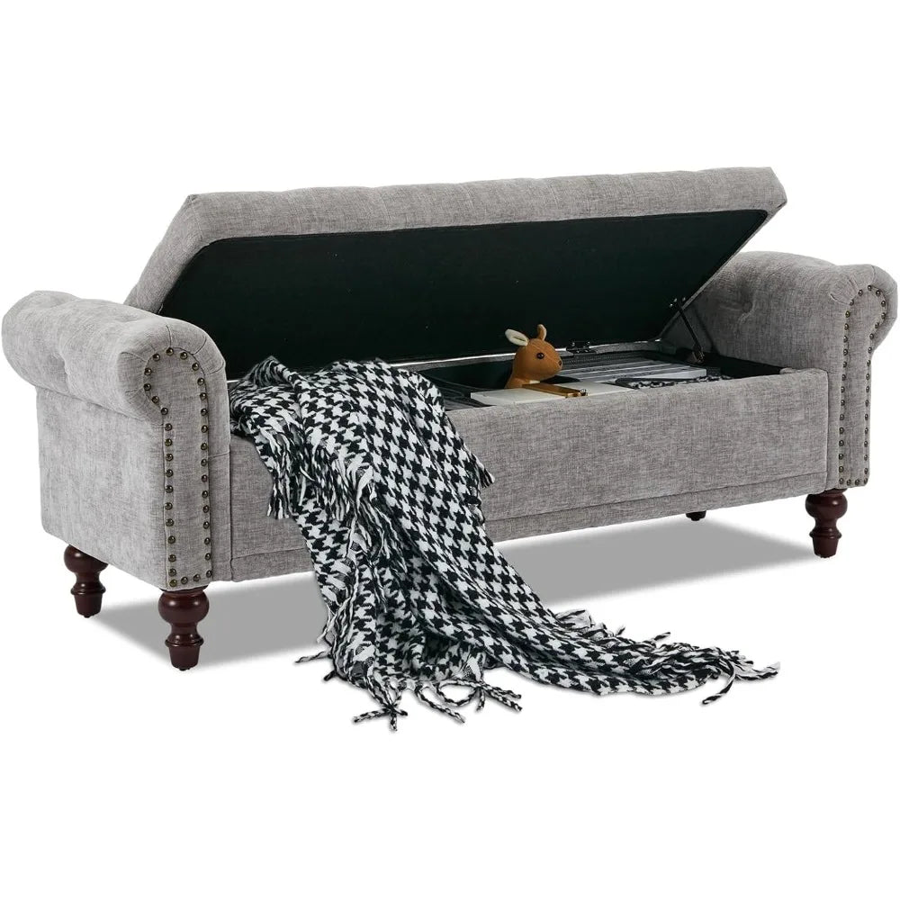 Storage Bench Upholstered Chenille, with Tufted Cushioned Rolled Arm Large Storage Space ,Bedroom Bed Bench Ottoman