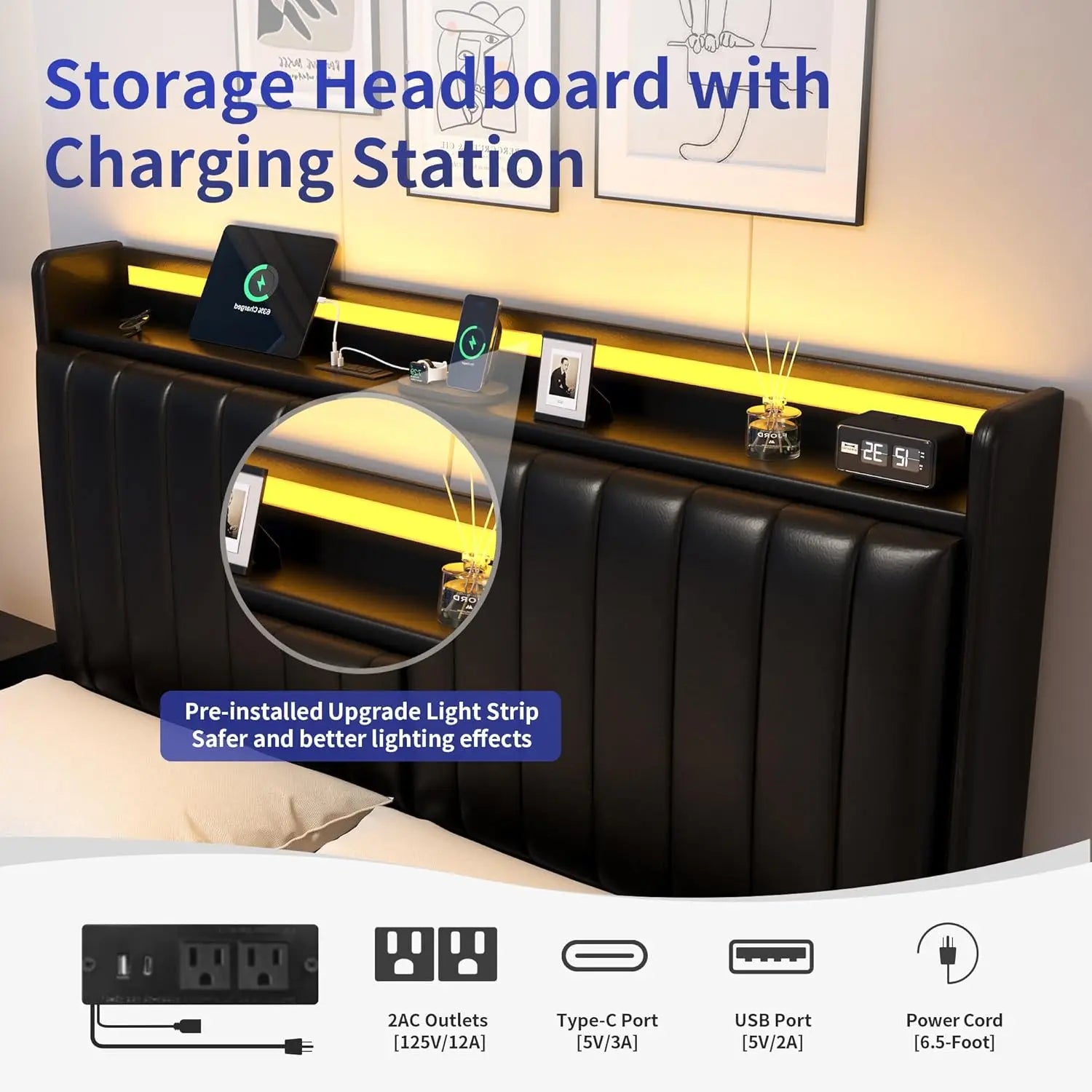 Hidden Storage Headboard and LED Lights, Visual Floating LED Bed Frame with Charing Station, Leather Upholstered Platform Bed,Lo
