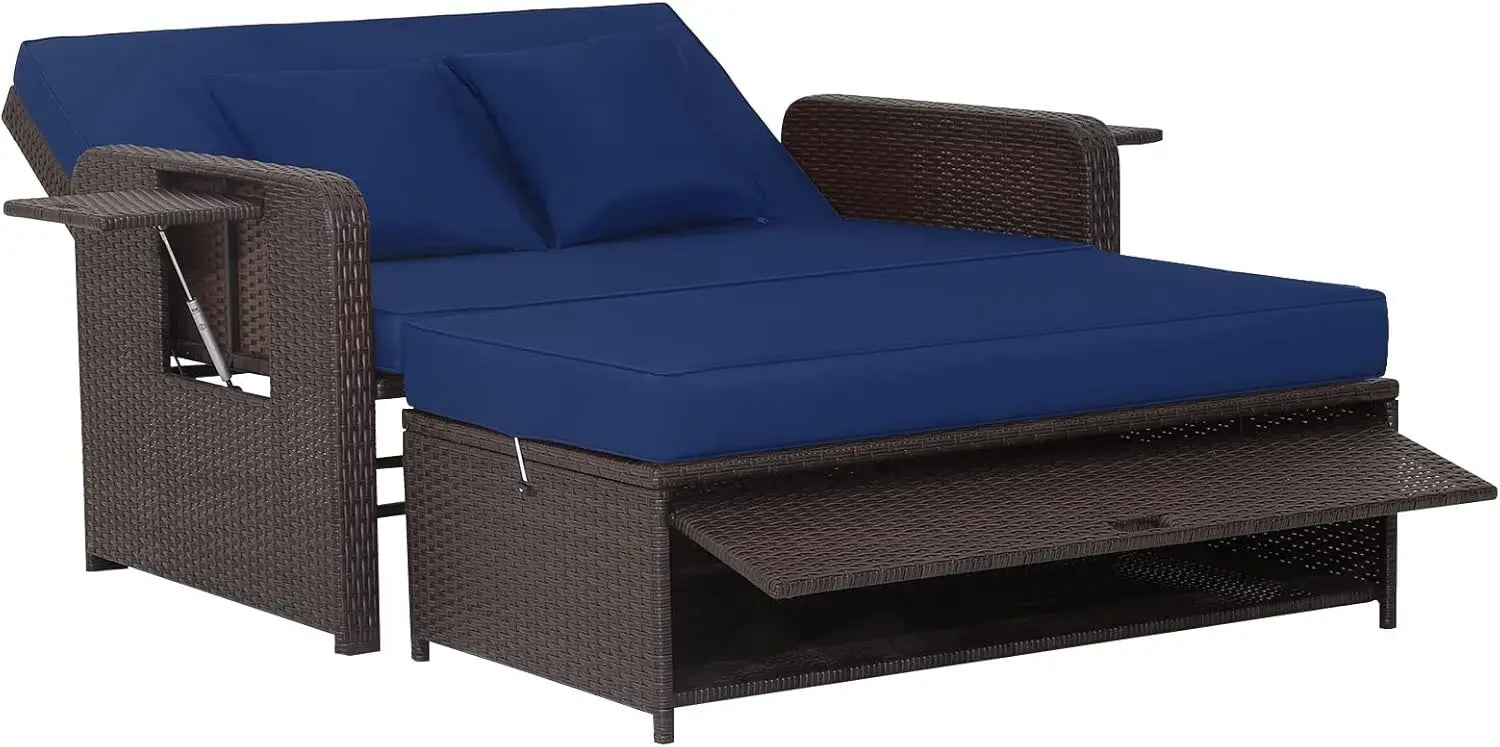 Patio Rattan Daybed Set, Wicker Loveseat Sofa w/Multipurpose Ottoman & Retractable Side Tray, 4-Level Adjustable Backrest