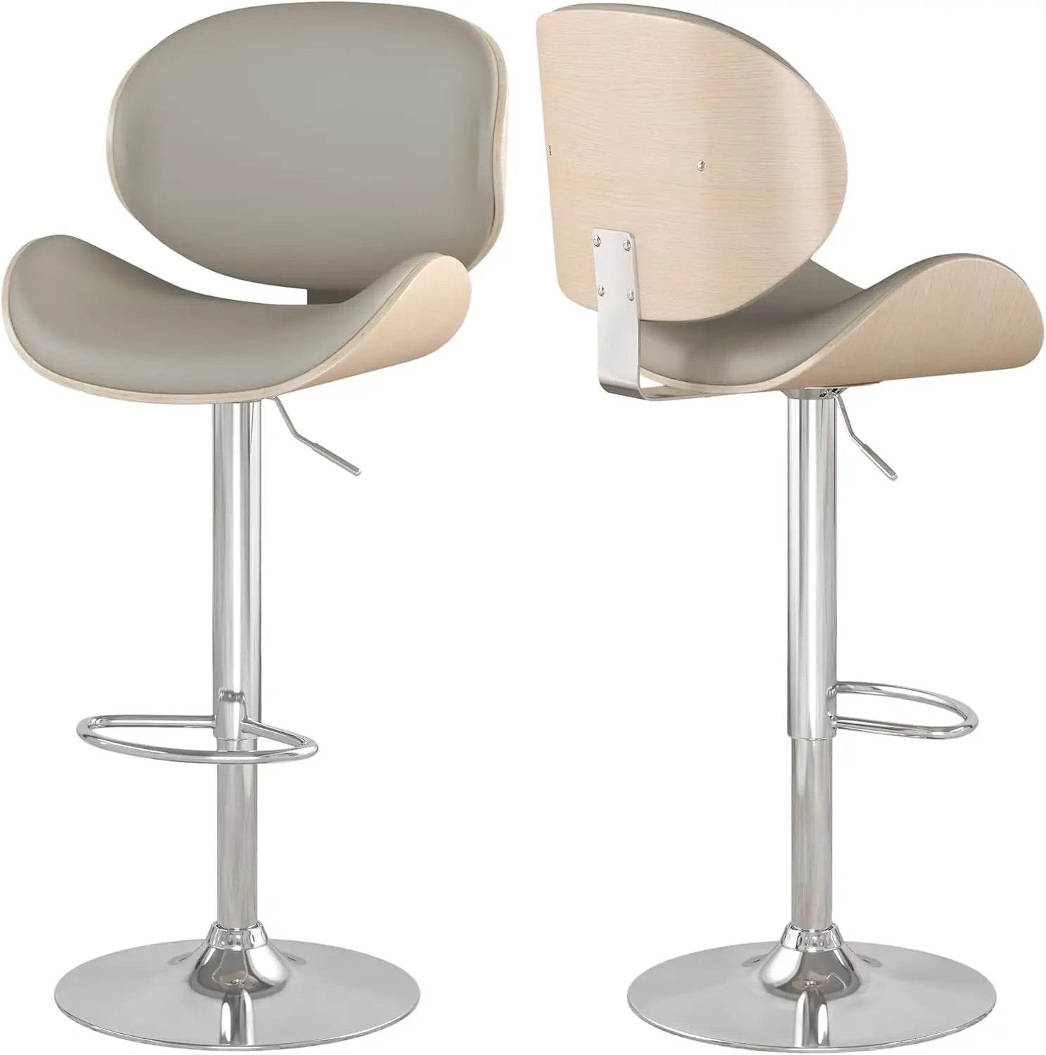 Set of 2, Swivel Adjustable Height Barstools, PU Leather Upholstered Bar Chairs with Footrest, Bentwood Bar Stool for Kitchen