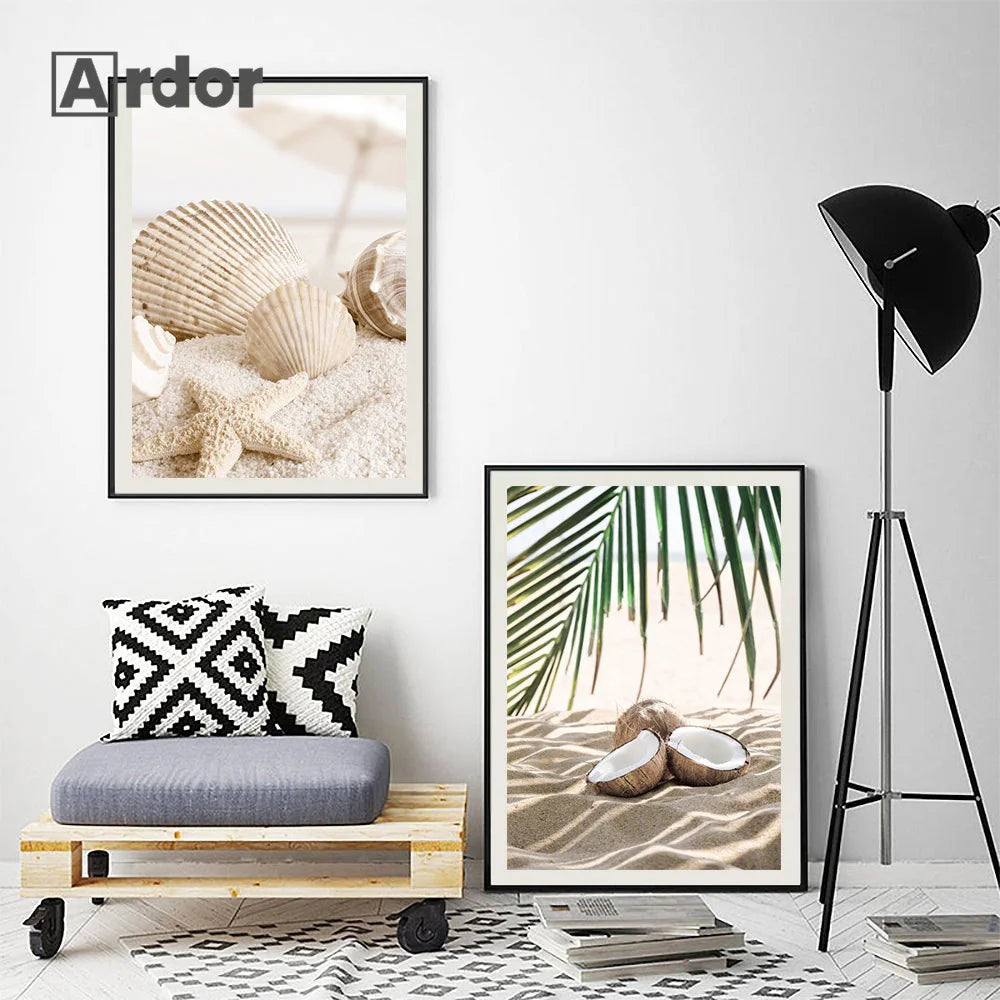 Modern Scenery Landscape Poster Coconut Reed Shell Beach Art Canvas Painting Palm Leaves Print Nordic Wall Pictures Home Decor