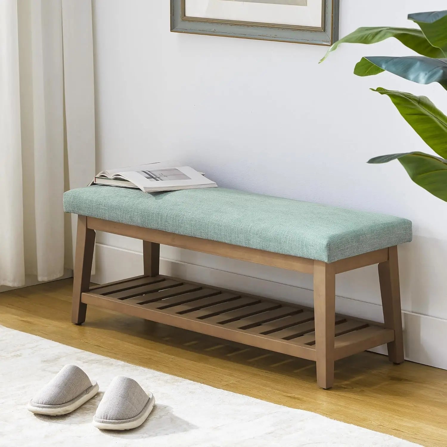 Entryway Bench, End of Bed Bench, Chenille Upholstered Shoe Bench for Bedroom, Ottoman Bench with Solid Wood Shelf,Storage Bench