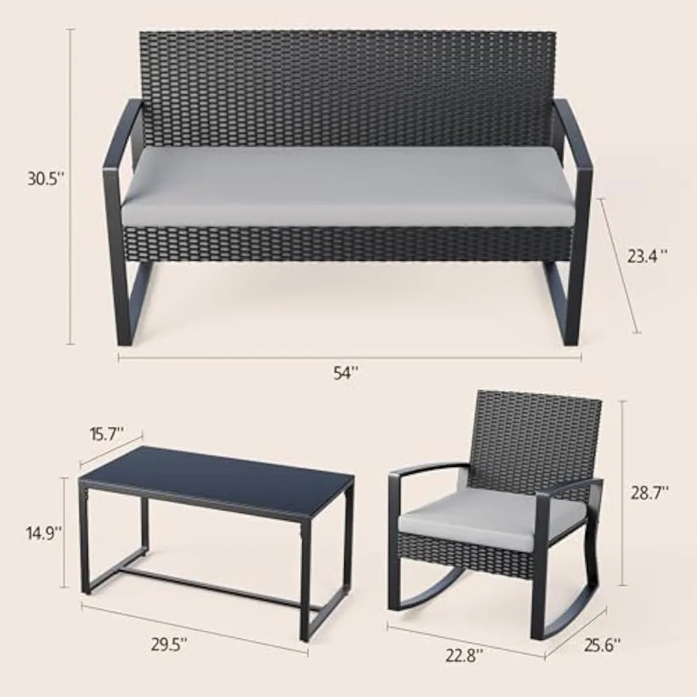 4 Piece Outdoor Patio Furniture Set, Wicker Patio Furniture with Glass Coffee Table, Rocking Wicker Bistro Set, for Backyard
