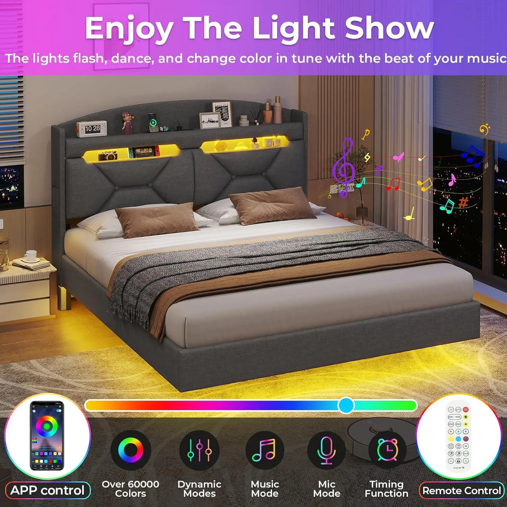 Floating Queen Bed Frame with Charging Station & Hidden Storage Headboard, RGB Floating Platform Bed Dark Grey