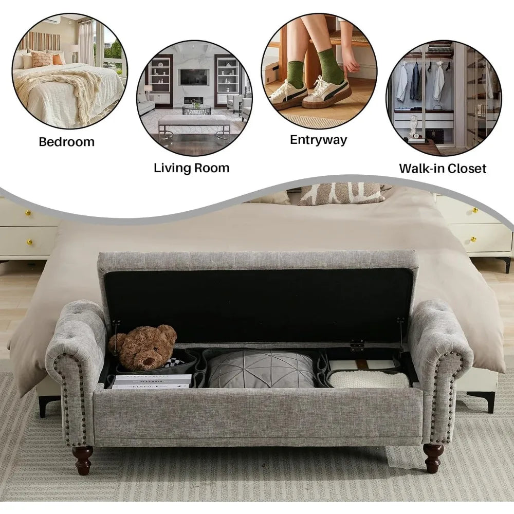 Storage Bench Upholstered Chenille, with Tufted Cushioned Rolled Arm Large Storage Space ,Bedroom Bed Bench Ottoman