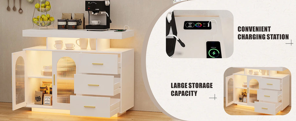 LED Buffet Cabinet 40”W with Wireless Charging Station,Auto Sensor RGB 20-Color Dimmable Sideboard