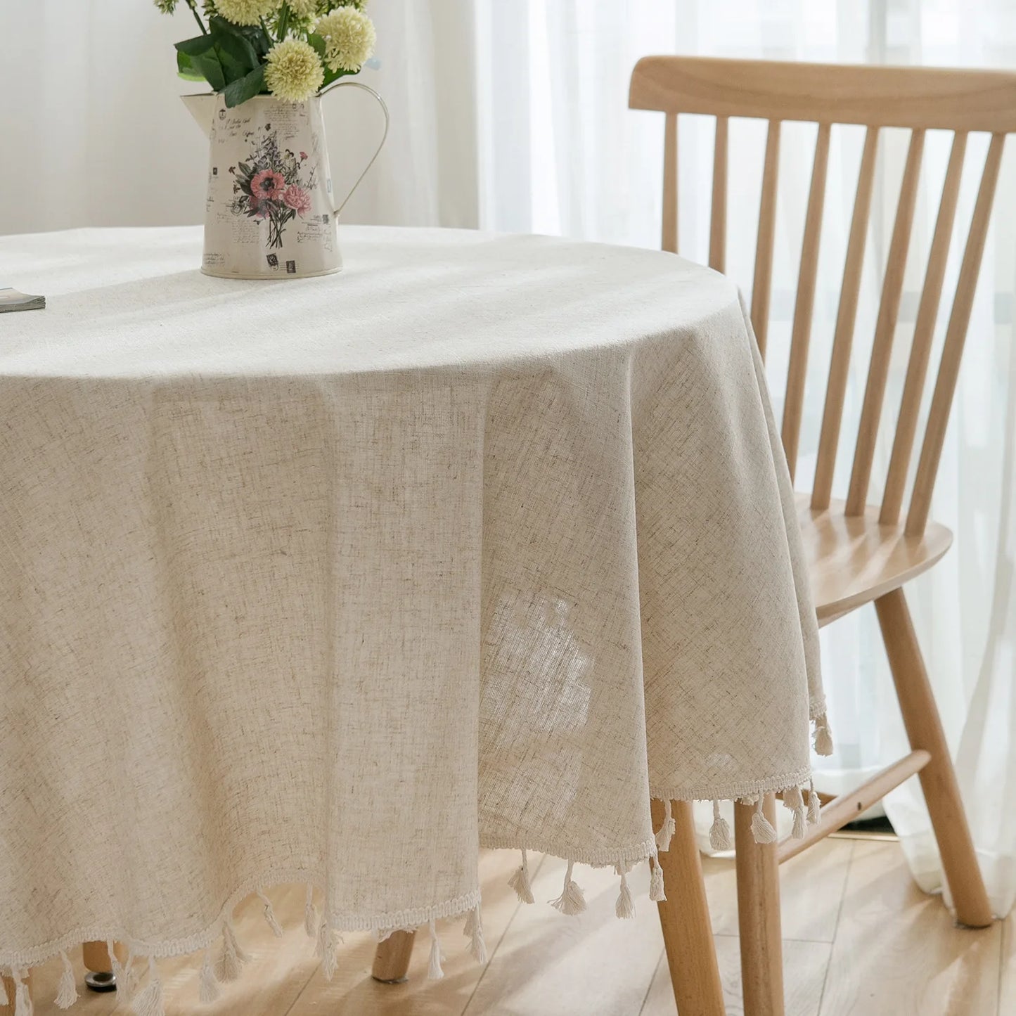 Round Tablecloth Solid Color Tassel Cotton Linen Table Cover for Kitchen Dining Party Farmhouse Tabletop Decoration Accessories