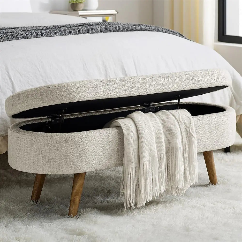 43.5" Storage Ottoman Bench with 250lb Seating, Linen Upholstered Wood Legs Safety Hinge Flip Top Oval