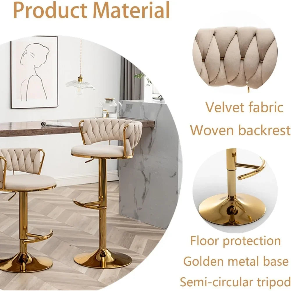 Gold Velvet Bar Stools Set of 4, Counter Height BarStools with Low Back, Swivel Bar Stool for Kitchen Island, Bar Pub (Beige)