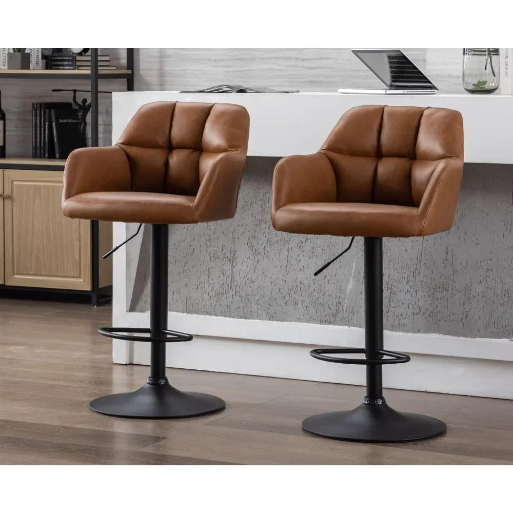 Swivel Bar Stools Set of 2 Leather Counter Height Barstools with Back and Arms Adjustable Bar Stool Chairs Base Kitchen Island