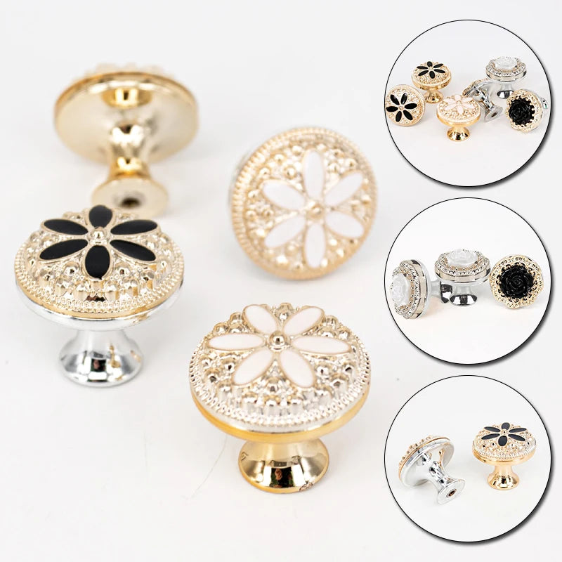 New European Single Hole Handle Gold Luxury Flower Pattern Furniture Cabinet Knobs For Home Wardrobe Door Handles Hardware - LUXHOME