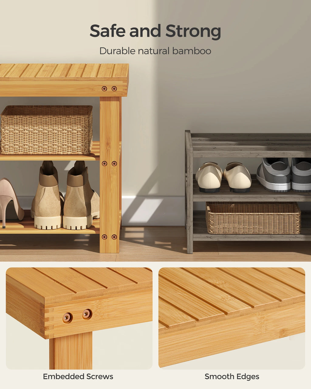 SONGMICS Shoe Rack Bench, 3-Tier Bamboo Shoe Storage Organizer, Entryway Bench, Holds Up to 286 lb, 11.3 x 35.4 x 17.8 Inches