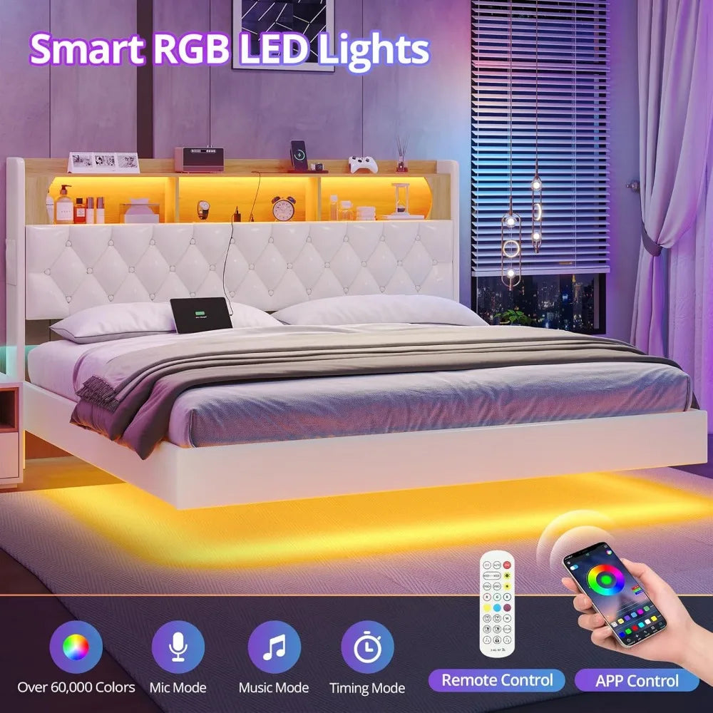 Bed Frame with Storage Headboard & LED Lights &Upholstered Headboard LED Floating Bed with USB-C/A Charging Station